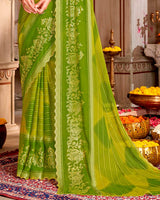Vishal Prints Mehandi Green Patterned Chiffon Traditional Print Saree With Foil Print And Cut Work Diamond Border