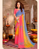 Vishal Prints Dark Coral And Pastel Blue Digital Print Chiffon Saree With Cut Work Diamond Border