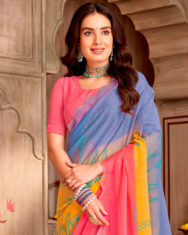 Vishal Prints Dark Coral And Pastel Blue Digital Print Chiffon Saree With Cut Work Diamond Border