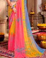 Vishal Prints Dark Coral And Pastel Blue Digital Print Chiffon Saree With Cut Work Diamond Border
