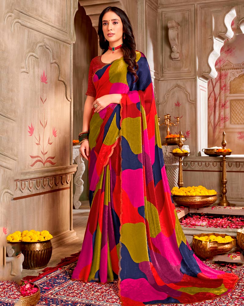 Vishal Prints Multicolored Digital Print Fancy Satin Saree With Cut Work Diamond Border