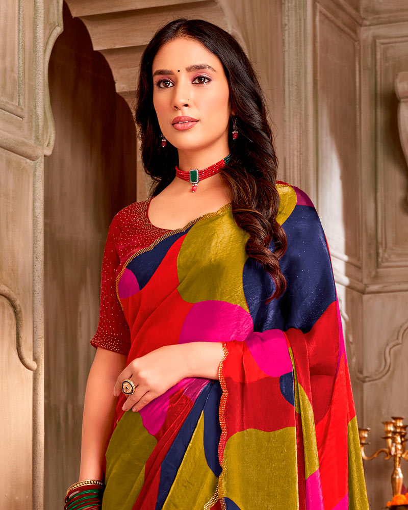 Vishal Prints Multicolored Digital Print Fancy Satin Saree With Cut Work Diamond Border