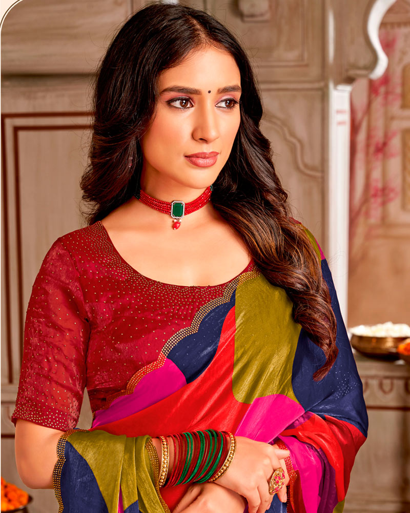 Vishal Prints Multicolored Digital Print Fancy Satin Saree With Cut Work Diamond Border