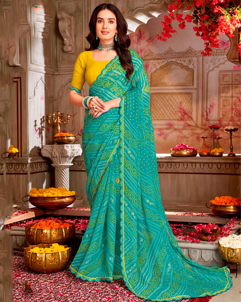 Vishal Prints Teal Green Printed Georgette Traditional Print Saree With Foil Print And Cut Work Border