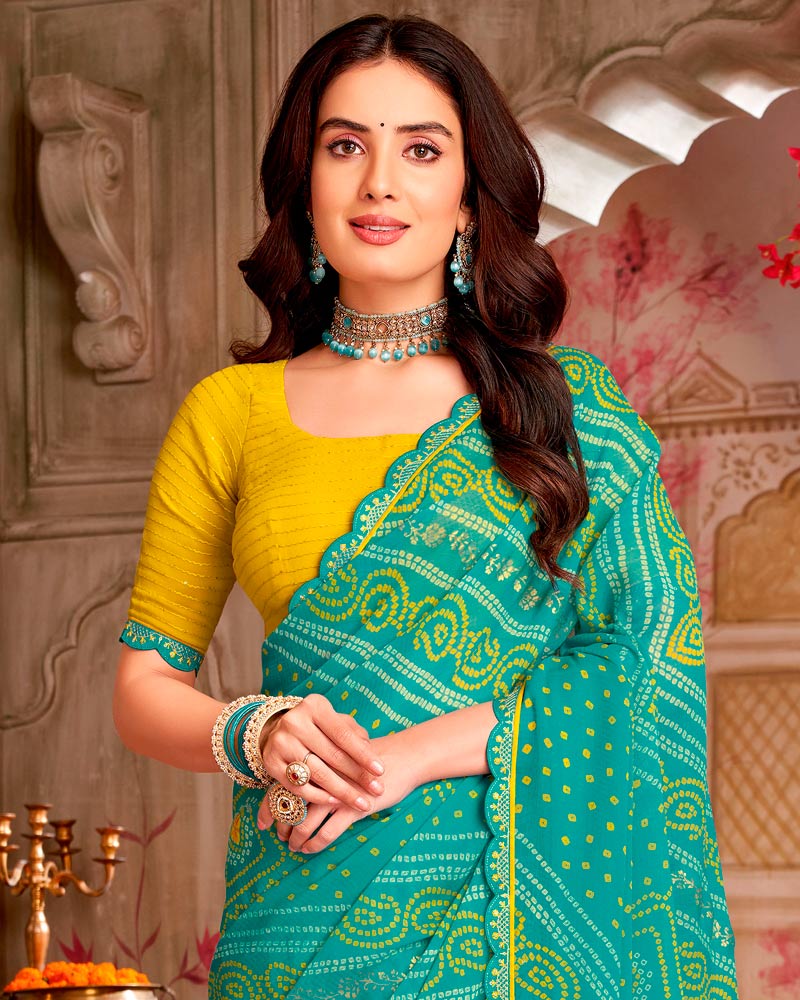 Vishal Prints Teal Green Printed Georgette Traditional Print Saree With Foil Print And Cut Work Border