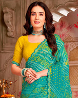 Vishal Prints Teal Green Printed Georgette Traditional Print Saree With Foil Print And Cut Work Border