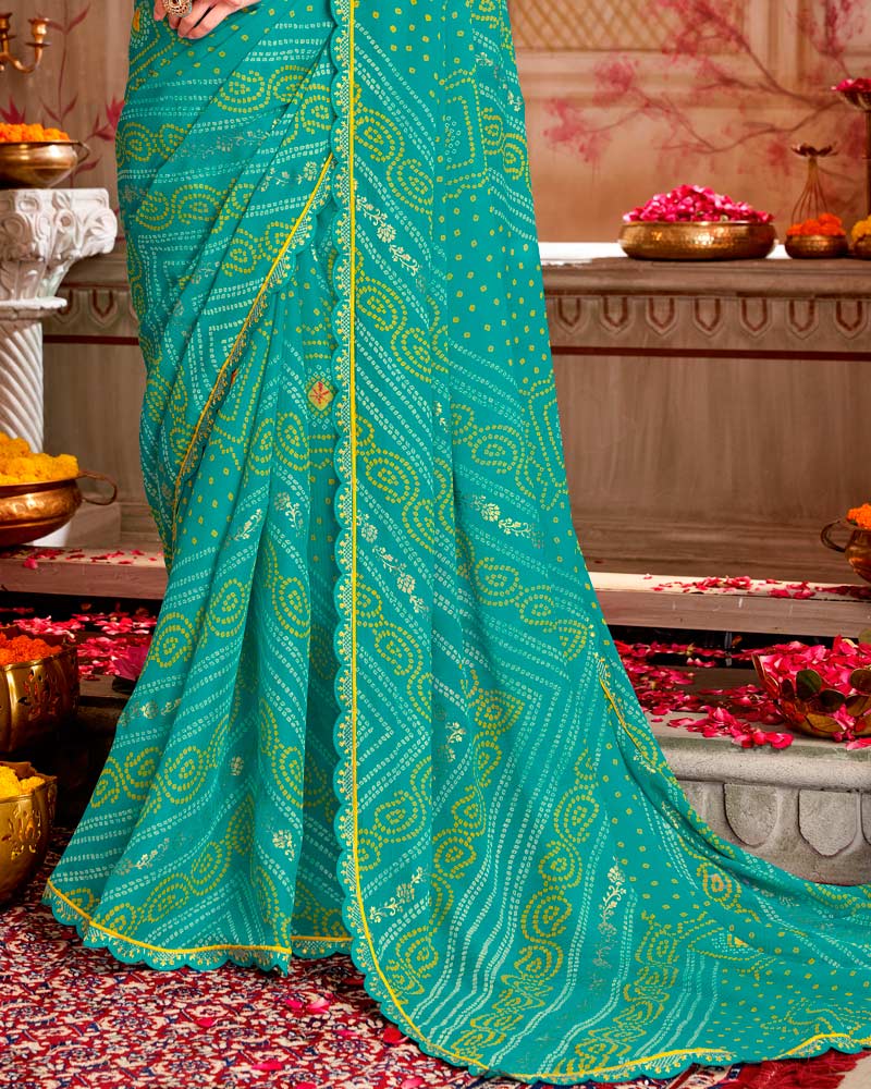 Vishal Prints Teal Green Printed Georgette Traditional Print Saree With Foil Print And Cut Work Border