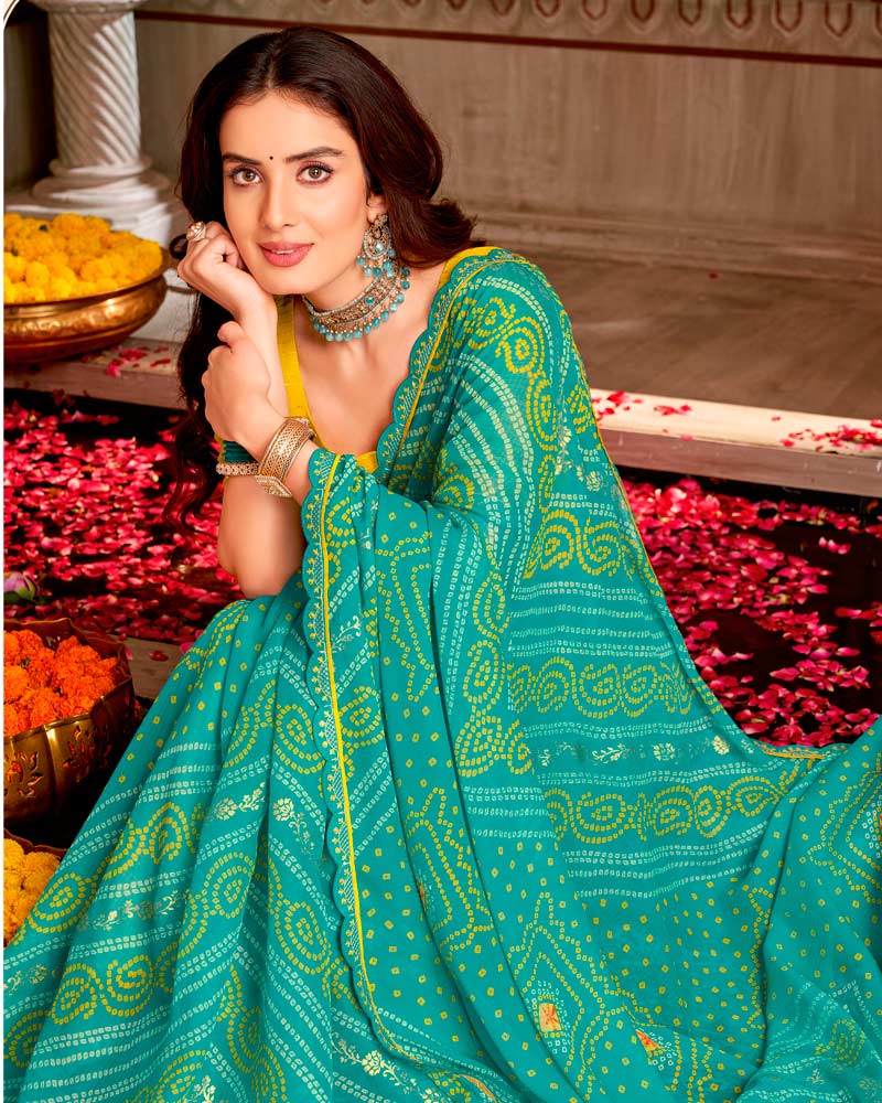 Vishal Prints Teal Green Printed Georgette Traditional Print Saree With Foil Print And Cut Work Border