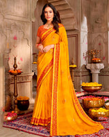 Vishal Prints Yellow Orange Printed Chiffon Traditional Print Saree With Foil Print And Tassel
