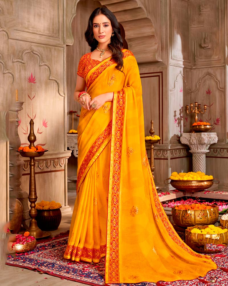 Vishal Prints Yellow Orange Printed Chiffon Traditional Print Saree With Foil Print And Tassel