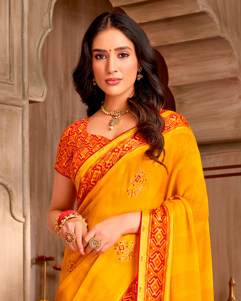 Vishal Prints Yellow Orange Printed Chiffon Traditional Print Saree With Foil Print And Tassel