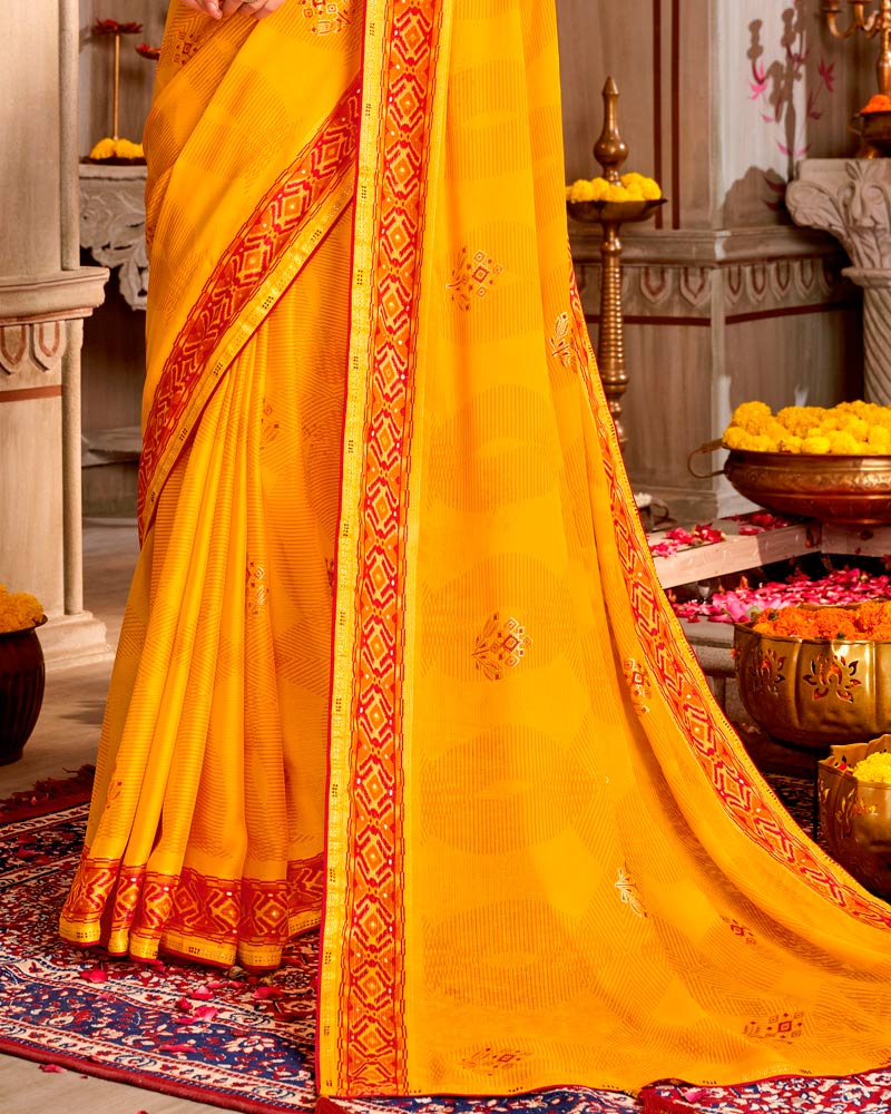 Vishal Prints Yellow Orange Printed Chiffon Traditional Print Saree With Foil Print And Tassel