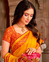 Vishal Prints Yellow Orange Printed Chiffon Traditional Print Saree With Foil Print And Tassel