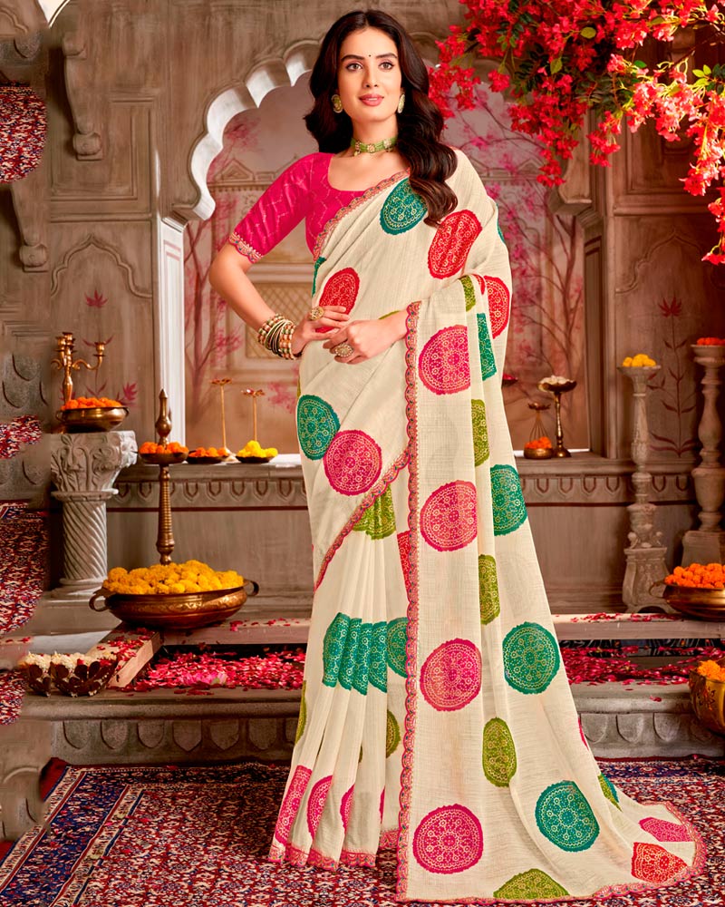 Vishal Prints Ivory Printed Chiffon Traditional Print Saree With Foil Print And Cut Work Border