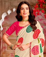 Vishal Prints Ivory Printed Chiffon Traditional Print Saree With Foil Print And Cut Work Border