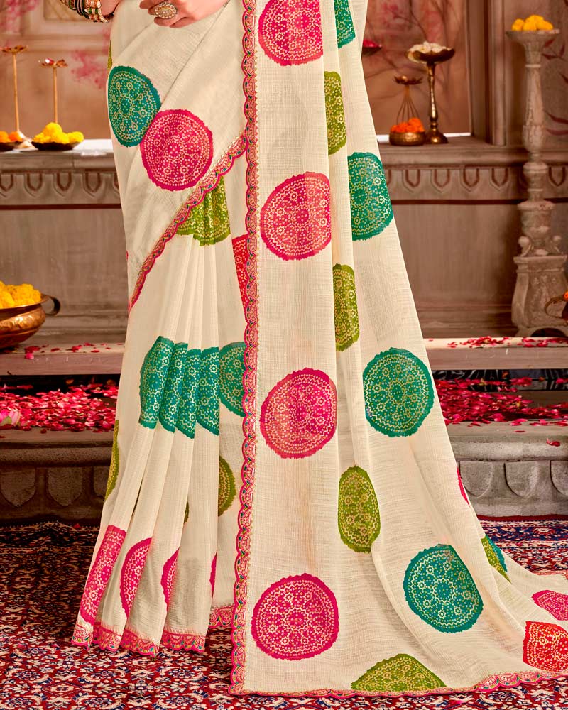 Vishal Prints Ivory Printed Chiffon Traditional Print Saree With Foil Print And Cut Work Border