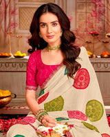 Vishal Prints Ivory Printed Chiffon Traditional Print Saree With Foil Print And Cut Work Border