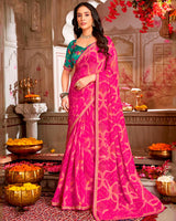 Vishal Prints Dark Hot Pink Printed Brasso Saree With Zari Border