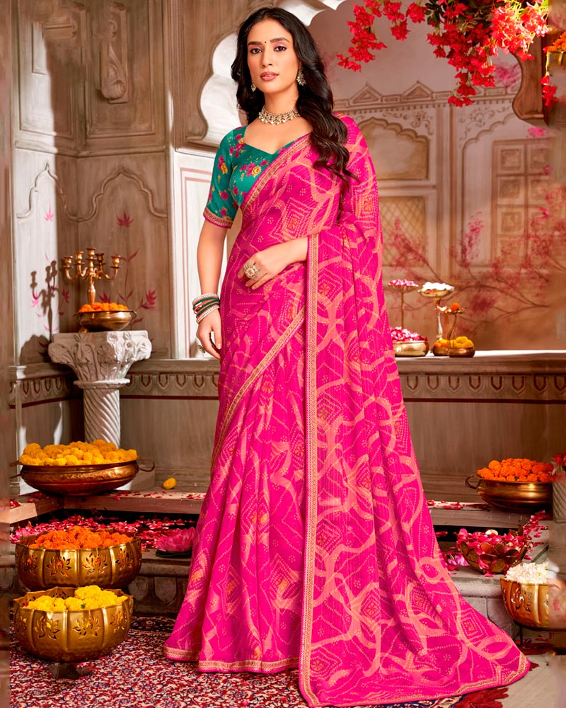 Vishal Prints Dark Hot Pink Printed Brasso Saree With Zari Border