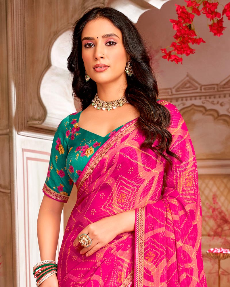 Vishal Prints Dark Hot Pink Printed Brasso Saree With Zari Border