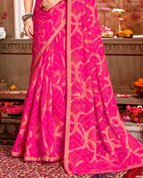 Vishal Prints Dark Hot Pink Printed Brasso Saree With Zari Border
