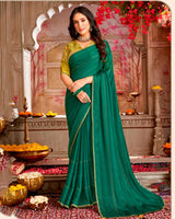 Vishal Prints Tropical Green Designer Patterned Chiffon Saree With Diamond Work And Core Piping With Tassel