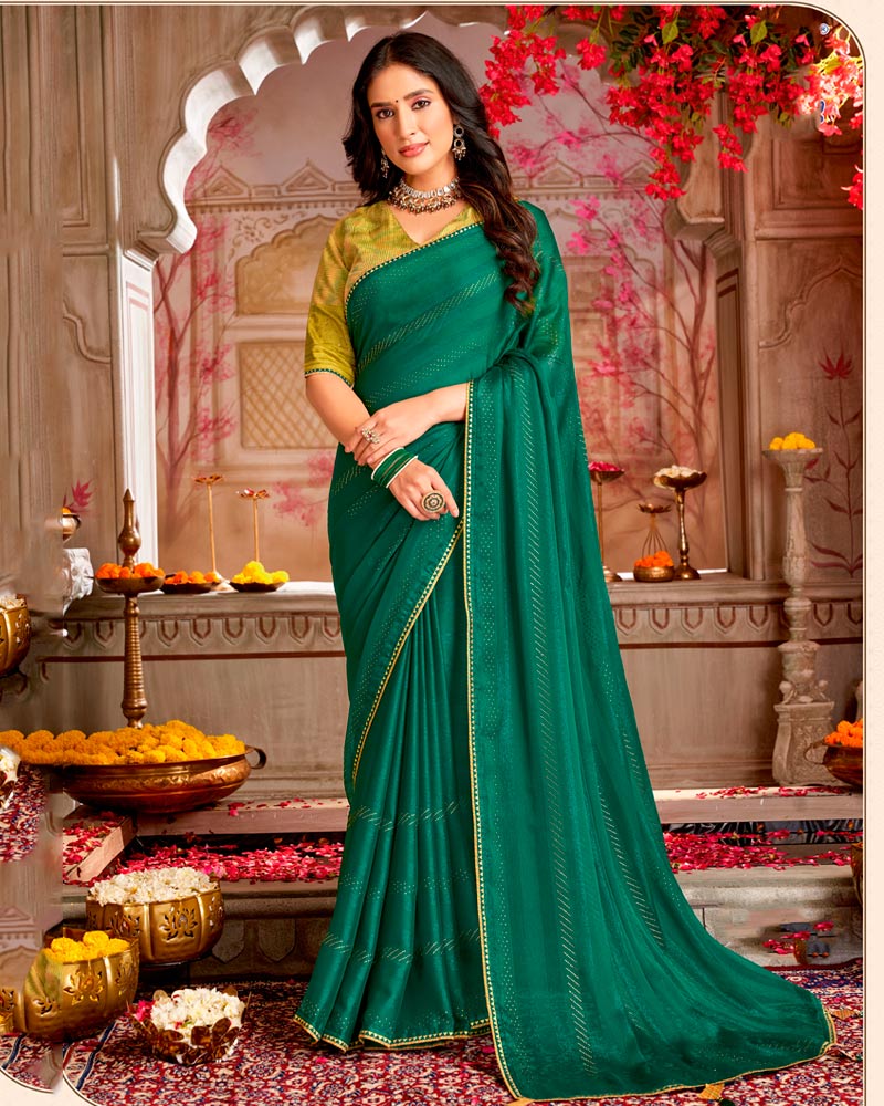Vishal Prints Tropical Green Designer Patterned Chiffon Saree With Diamond Work And Core Piping With Tassel