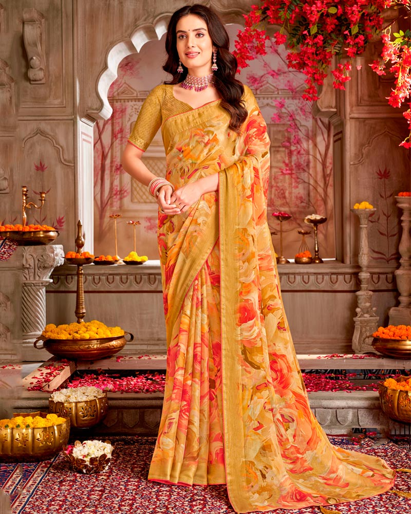 Vishal Prints Pale Orange Printed Chiffon Saree With Weaved Satin Patta And Core Piping With Tassel