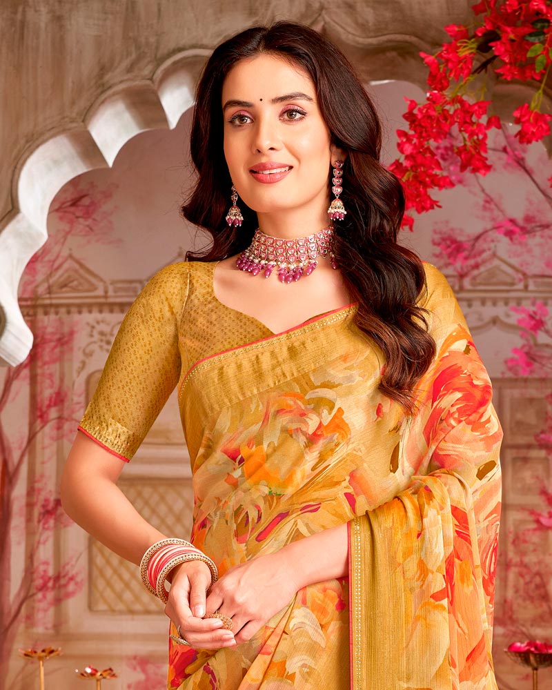 Vishal Prints Pale Orange Printed Chiffon Saree With Weaved Satin Patta And Core Piping With Tassel