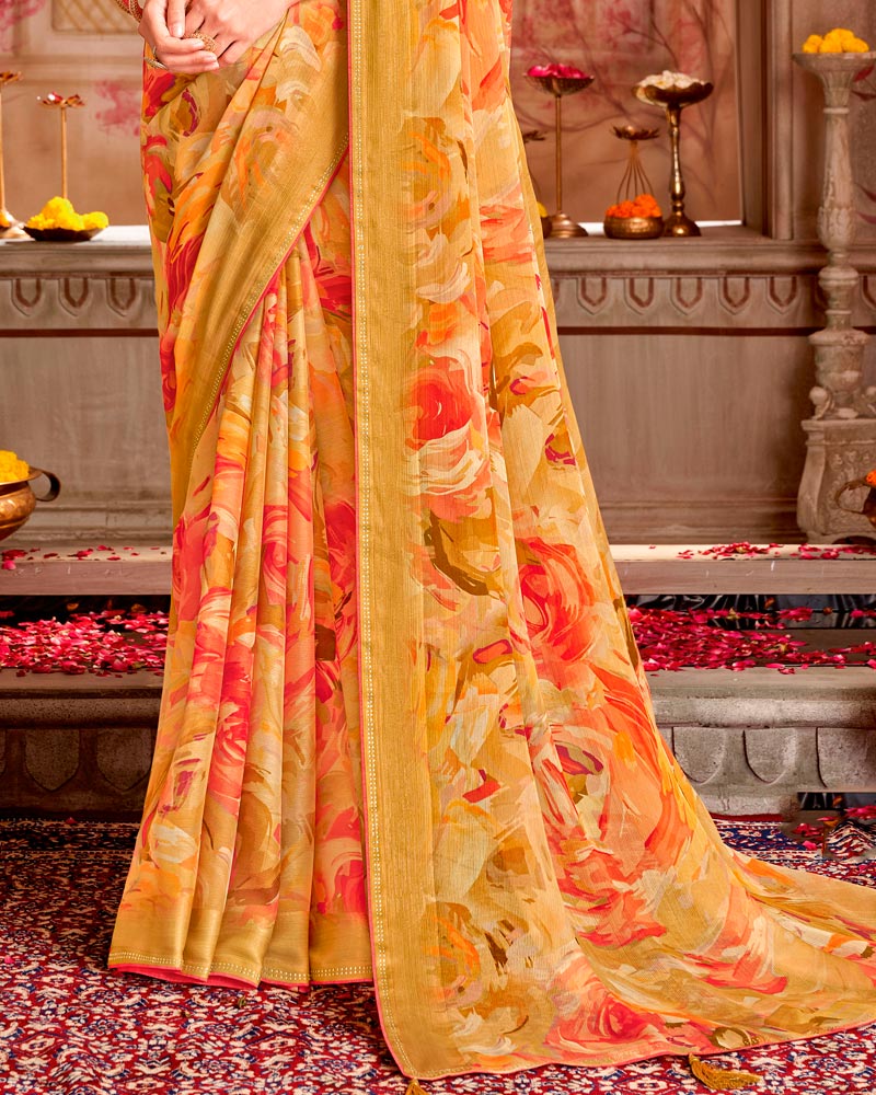 Vishal Prints Pale Orange Printed Chiffon Saree With Weaved Satin Patta And Core Piping With Tassel