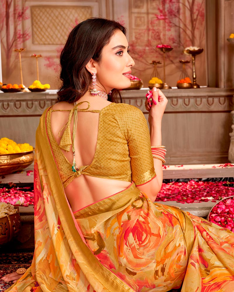 Vishal Prints Pale Orange Printed Chiffon Saree With Weaved Satin Patta And Core Piping With Tassel