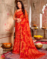 Vishal Prints Scarlet Red And Pale Orange Digital Print Brasso Saree With Fancy Cut Work Border