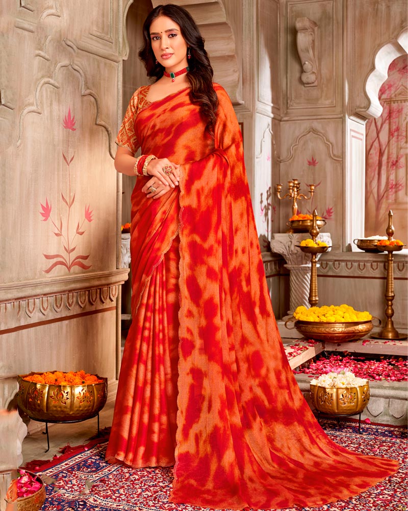 Vishal Prints Scarlet Red And Pale Orange Digital Print Brasso Saree With Fancy Cut Work Border