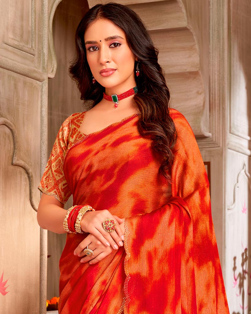 Vishal Prints Scarlet Red And Pale Orange Digital Print Brasso Saree With Fancy Cut Work Border