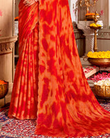 Vishal Prints Scarlet Red And Pale Orange Digital Print Brasso Saree With Fancy Cut Work Border
