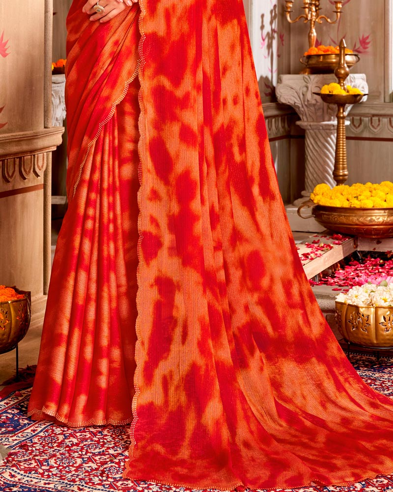 Vishal Prints Scarlet Red And Pale Orange Digital Print Brasso Saree With Fancy Cut Work Border