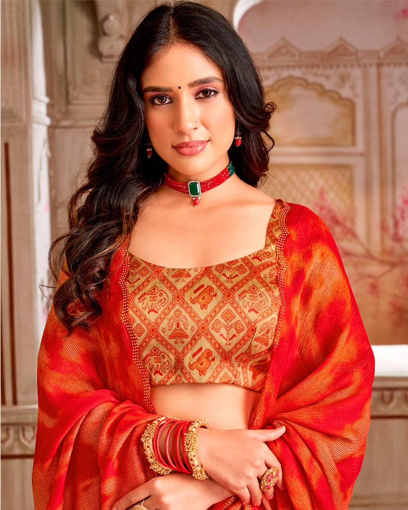 Vishal Prints Scarlet Red And Pale Orange Digital Print Brasso Saree With Fancy Cut Work Border