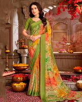 Vishal Prints Khaki Green Printed Chiffon Saree With Weaved Satin Patta And Core Piping With Tassel