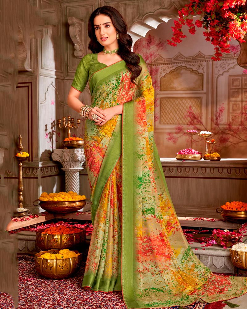 Vishal Prints Khaki Green Printed Chiffon Saree With Weaved Satin Patta And Core Piping With Tassel