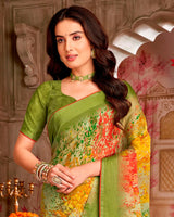 Vishal Prints Khaki Green Printed Chiffon Saree With Weaved Satin Patta And Core Piping With Tassel