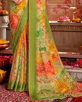 Vishal Prints Khaki Green Printed Chiffon Saree With Weaved Satin Patta And Core Piping With Tassel