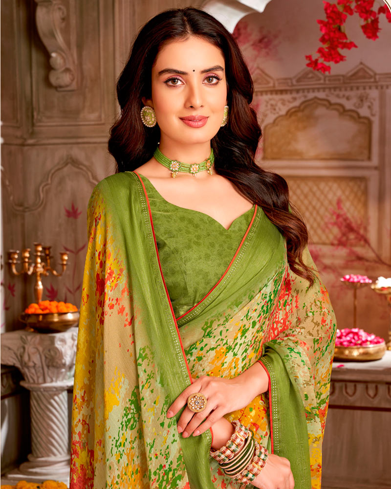 Vishal Prints Khaki Green Printed Chiffon Saree With Weaved Satin Patta And Core Piping With Tassel