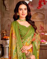 Vishal Prints Khaki Green Printed Chiffon Saree With Weaved Satin Patta And Core Piping With Tassel