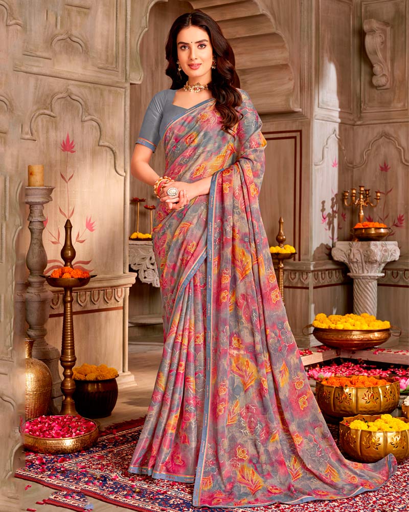 Vishal Prints Bluish And Purplish Grey Printed Chiffon Saree With Foil Print And Fancy Border