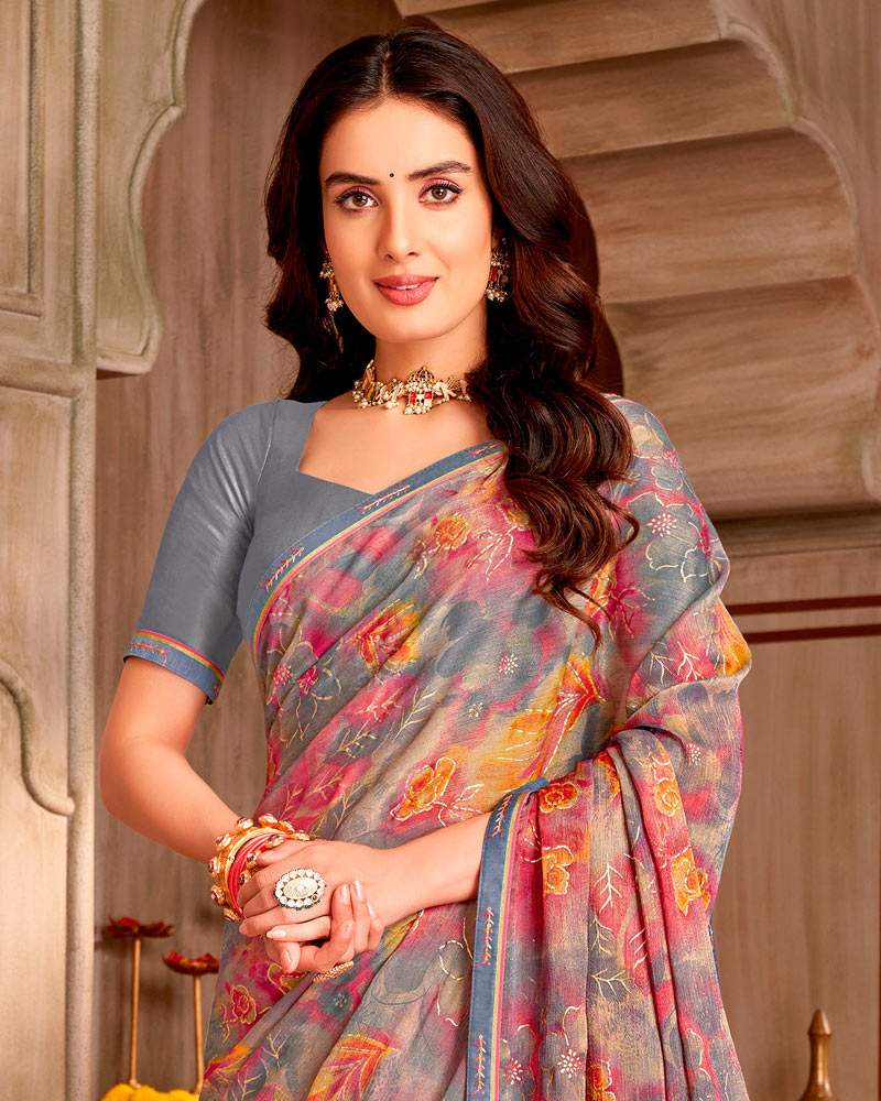 Vishal Prints Bluish And Purplish Grey Printed Chiffon Saree With Foil Print And Fancy Border
