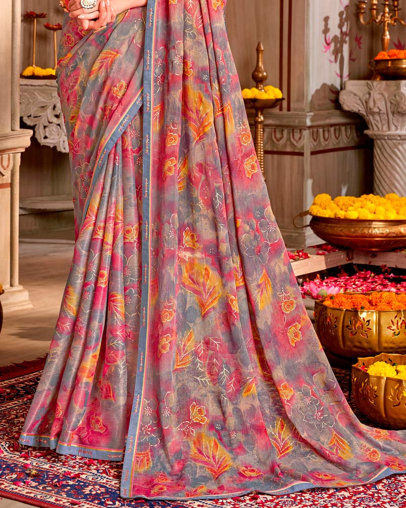 Vishal Prints Bluish And Purplish Grey Printed Chiffon Saree With Foil Print And Fancy Border