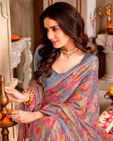 Vishal Prints Bluish And Purplish Grey Printed Chiffon Saree With Foil Print And Fancy Border