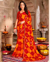 Vishal Prints Chili Red And Carrot Orange Printed Chiffon Traditional Print Saree With Foil Print And Fancy Border