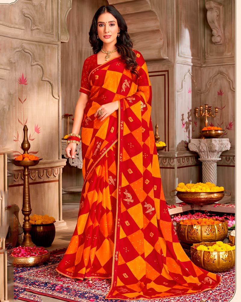 Vishal Prints Chili Red And Carrot Orange Printed Chiffon Traditional Print Saree With Foil Print And Fancy Border