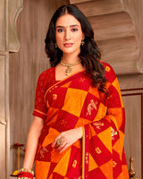 Vishal Prints Chili Red And Carrot Orange Printed Chiffon Traditional Print Saree With Foil Print And Fancy Border